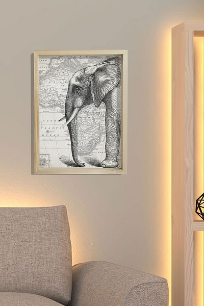 Dekor Loft Πίνακας τοίχου με φυσικό πεύκο Αρχαίος χάρτης και ελέφαντας