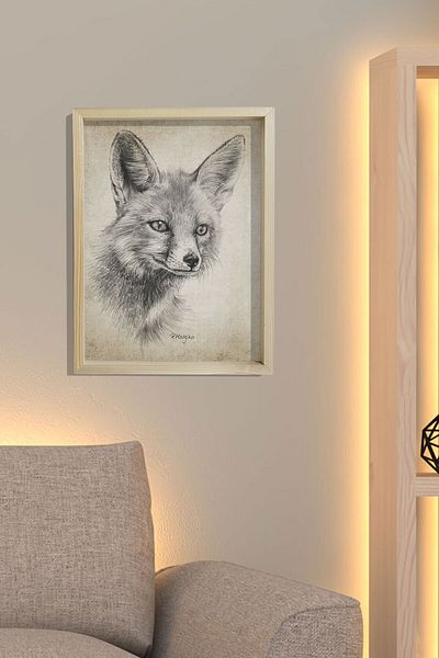 Dekor Loft Pictură de perete în cadru de pin natural Desen cu creion de vulpe