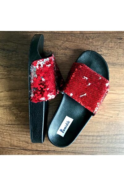 Pomidik Women's Red Sequin Single Strap Summer Slippers