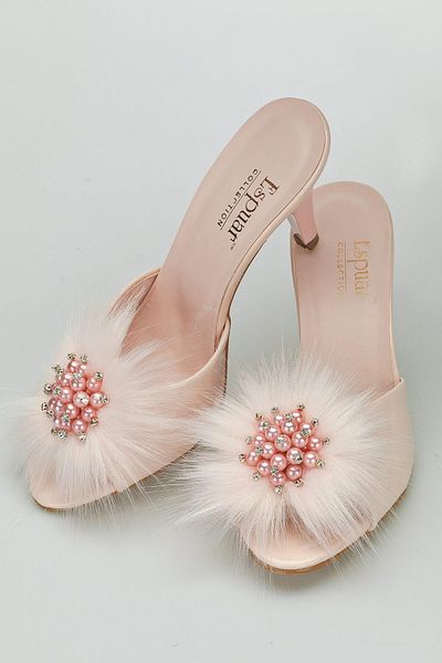 Espuar Women's Powder Feathered Round Stone Heeled Slippers