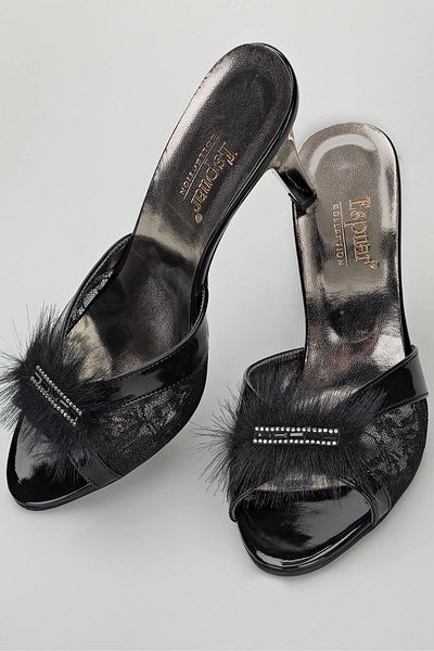 Espuar Women's Black Furry Square Stone Heeled Slippers 541