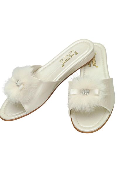 Espuar Women's Ecru Furry Flower Bow Ballerina Slippers