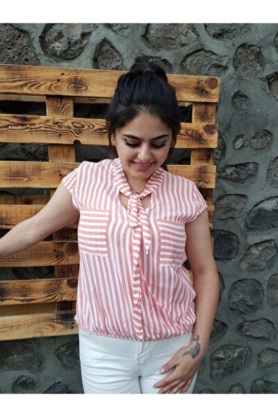 FERGAN Women's Ecru Double Breasted Collar Shirt with Elastic Waist