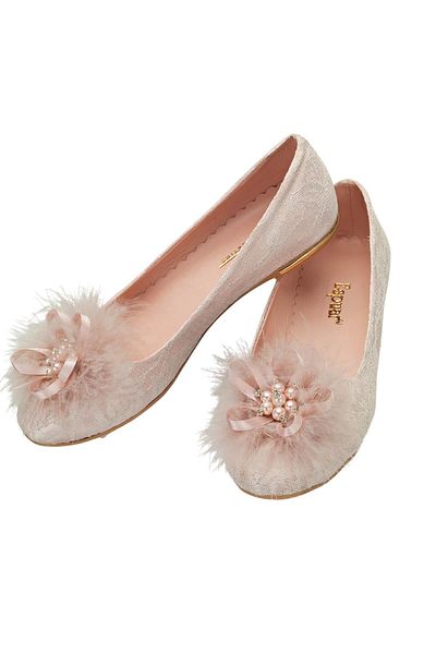 Espuar Women's Powder Furry Star Patterned Closed Front Ballerina Slippers