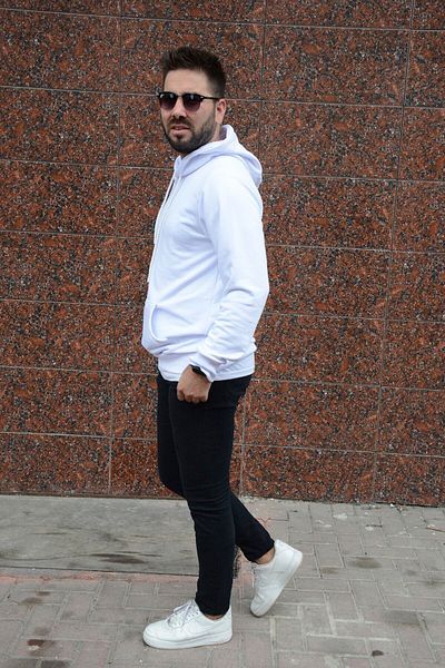 HUMEN Men's White Long Sleeve Hooded Top with Kangaroo Pocket White Fleece Sweatshirt