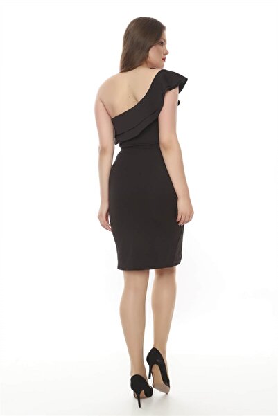 lovebox Women's Black Flexible Scuba Fabric Ruffle and Slit Detail One-Shoulder Evening Dress with Bust Glops