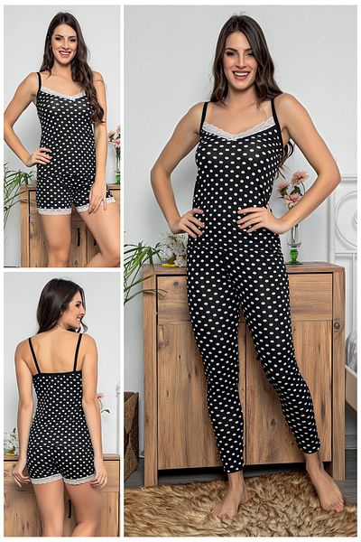 MyBen Women's Black Colored Polka Dot Lace Detailed Pajama Set with Shorts and Tights Set of 3 75004