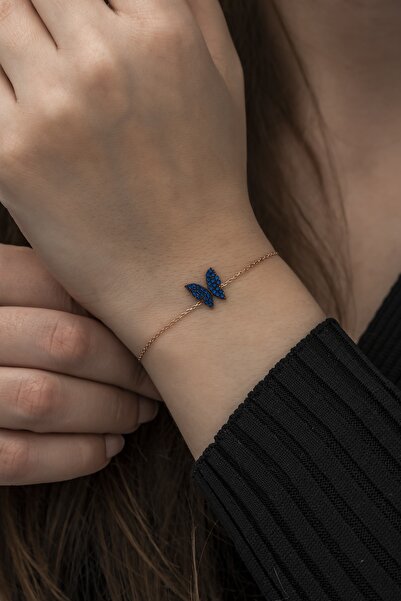 Nereze 925 Ayar Minik Mavi Kelebek Bileklik Kadın Gümüş Bileklik