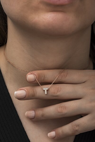 Nereze Kadın Rosegold 925 Ayar 3 Boyutlu T Harfi Gümüş Kolye