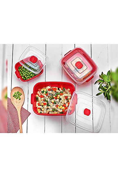 HOBBY LİFE Set of 3 Rectangular Storage Containers and Microwave Pots Red