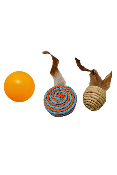 Ans Rattle Furry Straw Ball + Rattle Furry Cylinder Ball + Orange Ball Cat Dog Toy
