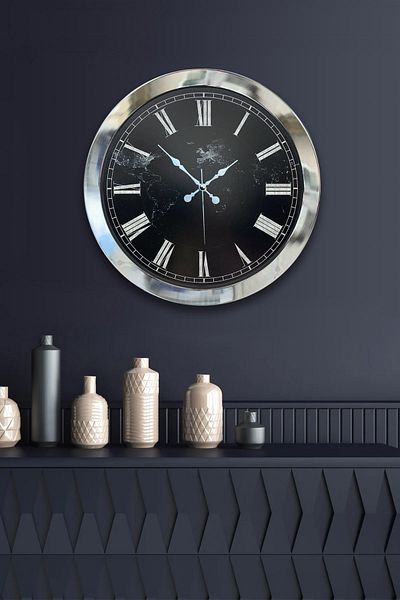 Kasva Concept Gift 36 cm Chrome Metal Marble Patterned Wall Clock