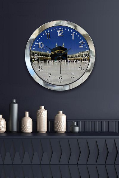 Kasva Concept Gift 36 cm Chrome Metal Kaaba Wall Clock