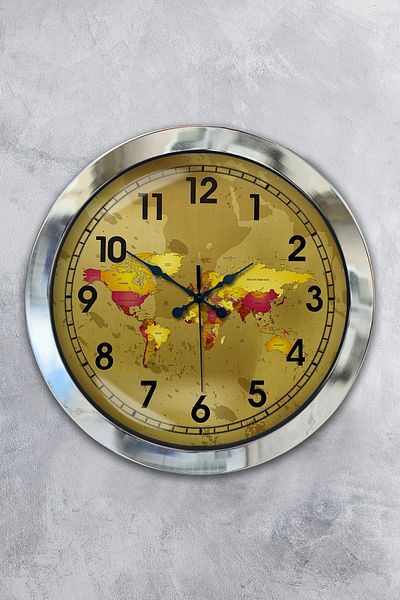 Kasva Concept Gift 36 cm Chrome Metal Map Wall Clock