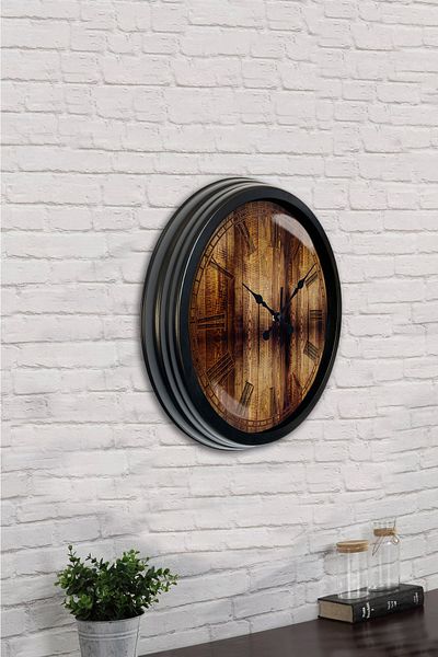 Kasva Concept Gift 40 cm Black Metal Wooden Look Wall Clock