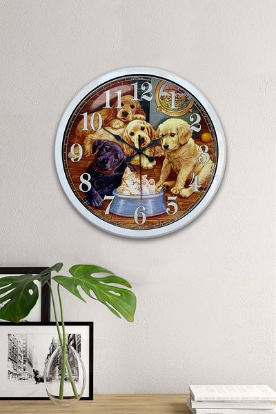 Kasva Concept Gift 40 cm White Metal Dogs Wall Clock