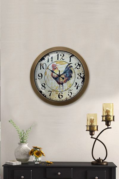 Kasva Concept Gift 36 cm Antique Metal Rooster Wall Clock