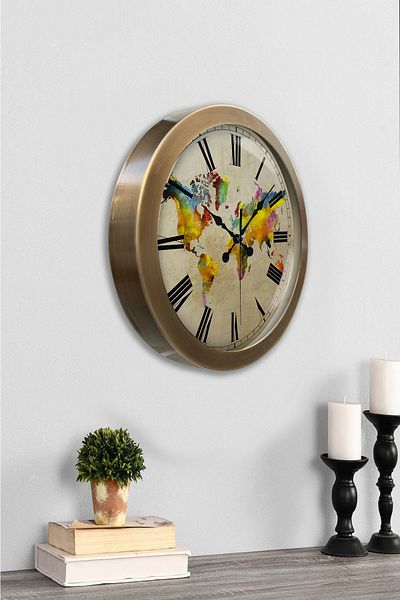Kasva Concept Gift 36 cm Antique Metal World Map Wall Clock