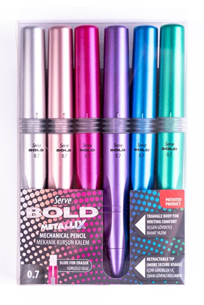 Serve Bold Mekanik Kurşun Kalem - Metalik Renkler - 6lı Set