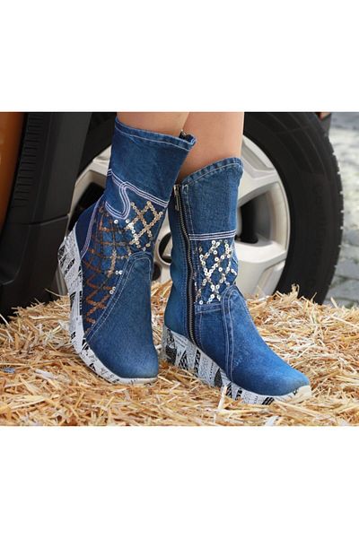 StarBlueMooN Women's Denim Long Boots