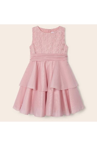 MAYORAL Girl's Flower Embroidered Cotton Linen Flared Dress Powder Pink L23y3912