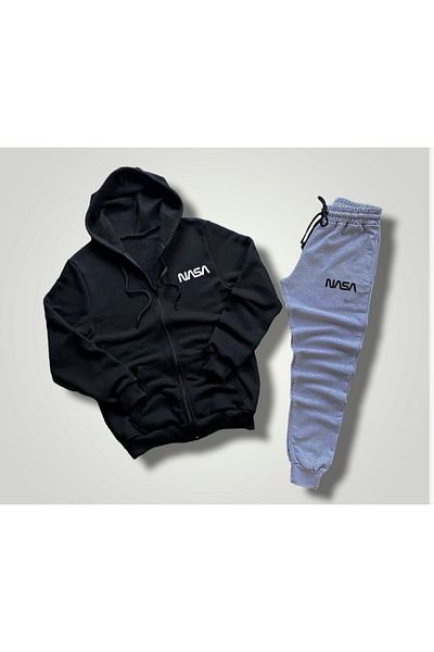 ELSİ Unisex Nasa Written Winter Jacket and Sweatpants Combo - Black Gray 3 Thread