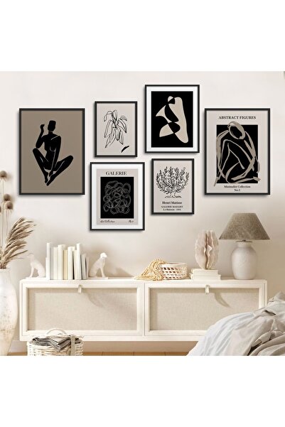 HOMEPACK 6'lı Set Çerçeveli Duvar Sanatı Soyut Figürler Tablo Siyah Beyaz Ahş...