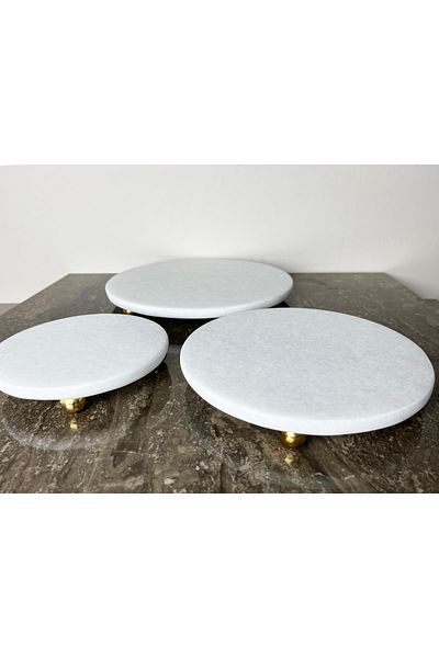 Modestmar Natural Plain White Marble Round 3-Piece Presentation Set Gold Top Leg Plain White