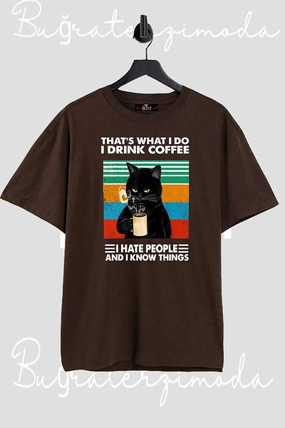 Buğraterzimoda I Drink Coffee Γάτα Τυπωμένη Μπλούζα Crew Neck Καφέ Vintage Oversize T-shirt