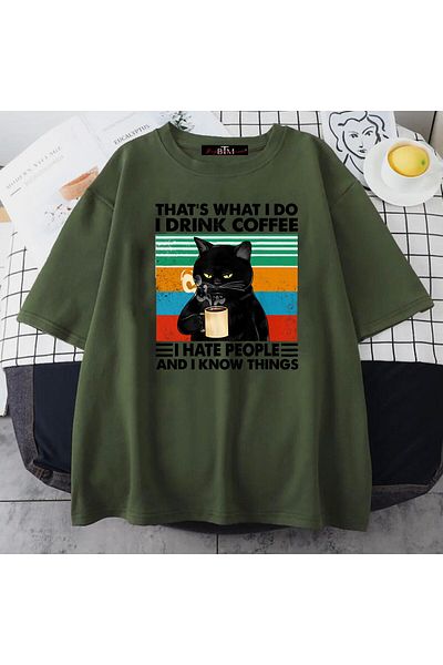 Buğraterzimoda I Drink Coffee Cat Printed Crew Neck Khaki Vintage Oversize T-shirt