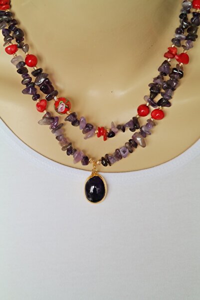 maycollection Ametist Doğaltaş Uçlu Ametist Ve Kırmızı Mercan Doğaltaş Tasarı...