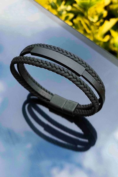 TREND COLLECTİON Genuine Leather Bracelet Wicker Braided 3 Row Black Men's Leather Bracelet