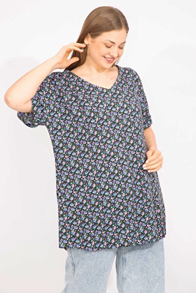 Şans Γυναικεία πολύχρωμη, μεγάλου μεγέθους, υφαντό ύφασμα βισκόζης, V-λαιμόκοψη, διπλό μανίκι μπλούζα 65n35735