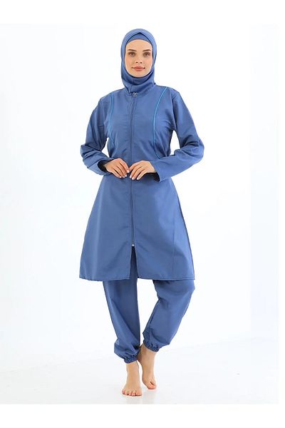 by İGP Women's Blue Zippered Fully Covered Hijab Quick Drying Hijab Hijab Swimsuit