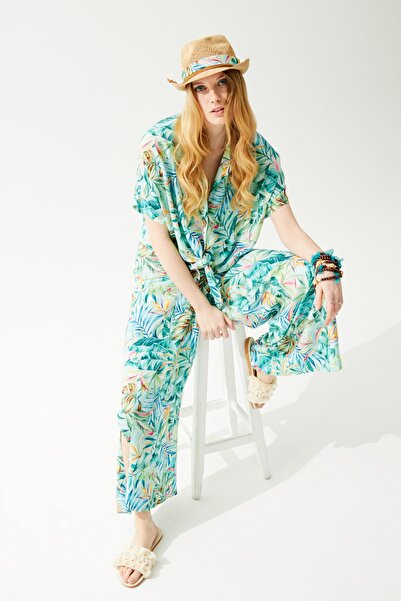 ENNA MODA Tropical Pattern Summer Blouse Pants Set, Summer Crop Twin Set, Beach Set Beachwear Resortwear