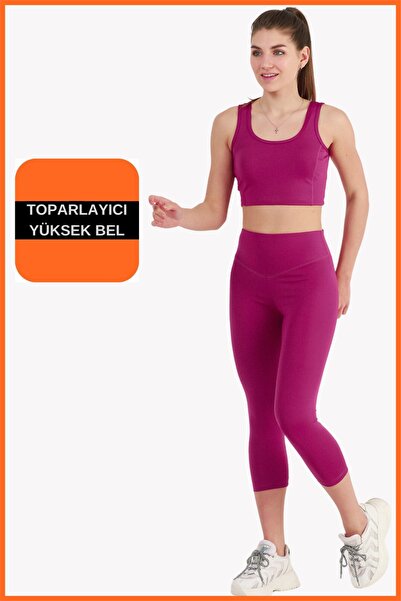 missmaral Women's Plum Sports Set Capri Leggings and Crop Undershirt Set of 2 New Season Seasonal Capri -crop 3020