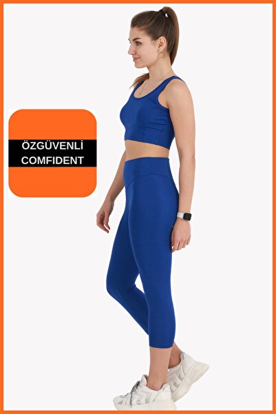 missmaral Women's Sax Blue Sports Set Capri Leggings and Crop Undershirt Set of 2 New Season Seasonal Capri -crop 3020