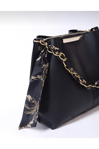 Altkat Eșarfă neagră și accesoriu cu lanț pentru femei Geantă de mână și gean...