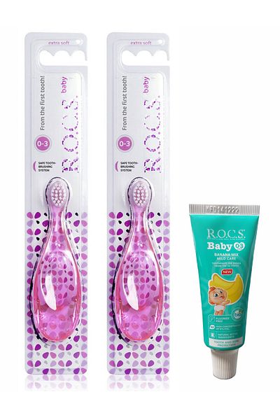 R.O.C.S. Rocs Baby 0-3 Years Old Toothbrush 2 Pieces Pink - Trial Size Banana Puree Baby Paste 25 Gr Gift