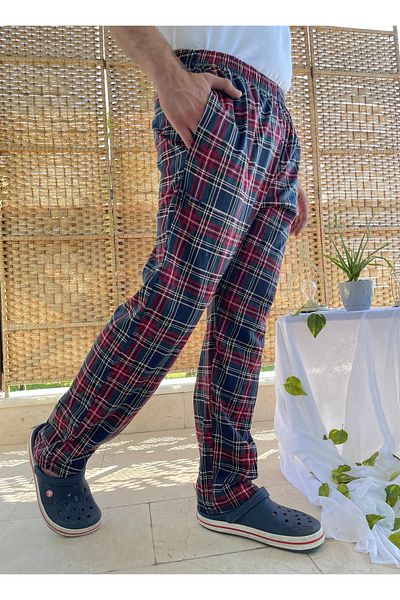Betimoda Men's 100% Cotton Checked Elastic Waist Pocket Pajama Bottoms Tracksuit Claret Red Check