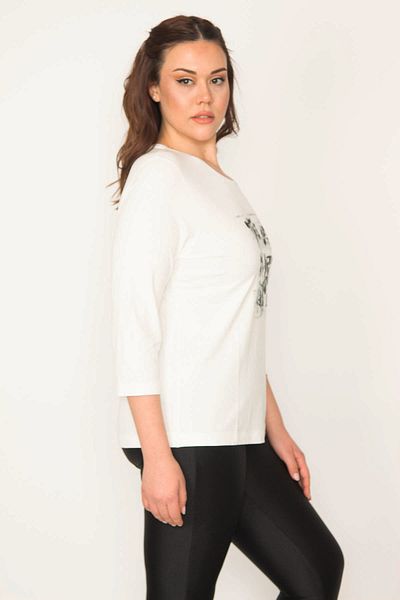 Şans Women's Bone Plus Size Glitter Printed Capri Sleeve Lycra Blouse 65n35706