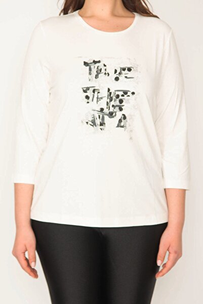 Şans Women's Bone Plus Size Glitter Printed Capri Sleeve Lycra Blouse 65n35706