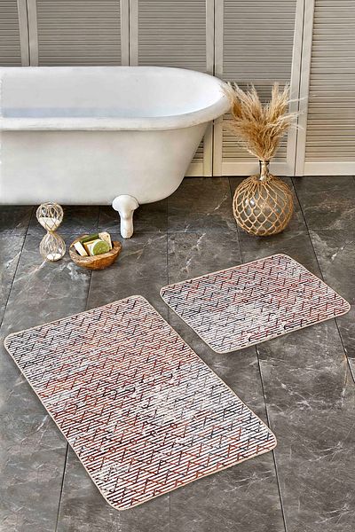 Realhomes Geometric Classic 2-Piece Bathroom & Kitchen Mat Set with Striped Motif and Zigzag Pattern on Red Background