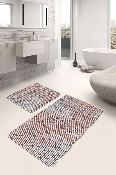 Realhomes Geometric Classic 2-Piece Bathroom & Kitchen Mat Set with Striped Motif and Zigzag Pattern on Red Background