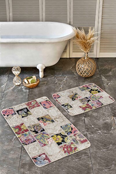 Realhomes Set of 2 Classic Vintage 2-Piece Bathroom Kitchen Mat Set with Patchwork Motif and Knitted Pattern on Cream Floor
