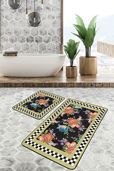 Realhomes مجموعة من 2 سجادة حمام للمطبخ بتصميم هندسي مزين بالزهور على شكل رقع...