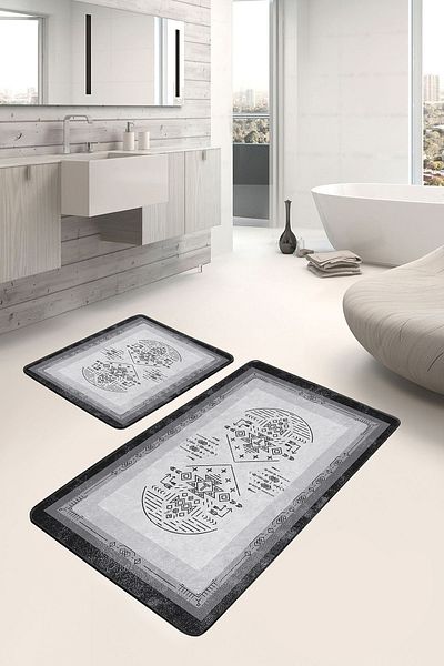 Realhomes Black-Grey Framed Motifed Authentic Patterned Ethnic Motifs Vintage 2-Piece Bath Mat Set on the Floor