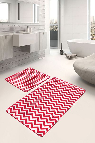 Realhomes Set of 2 Geometric Motif Zigzag Geometric Simple & Stylish 2-Piece Bath Mat Set on Red Floor
