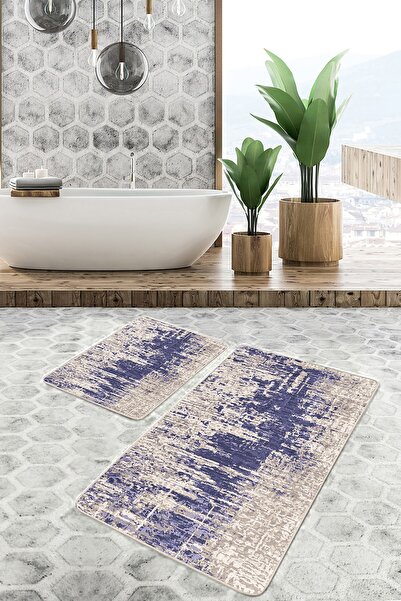 Realhomes مجموعة سجادات الحمام والمطبخ المكونة من قطعتين بتصميم عتيق مع تصميم محبوك على خلفية زرقاء