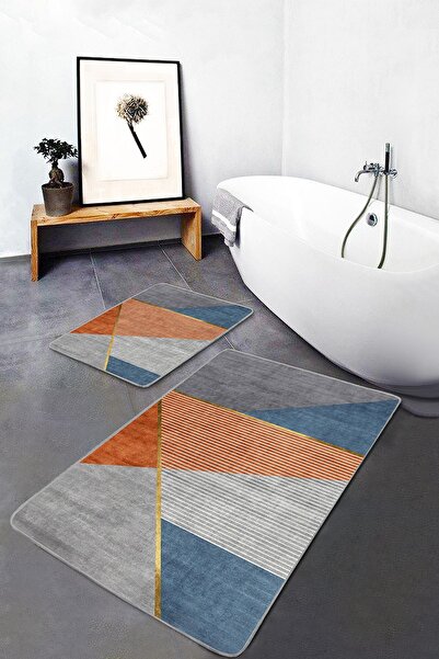 Realhomes Gold - Geometric Geometric Modern 2-Piece Bathroom & Kitchen Mat Se...